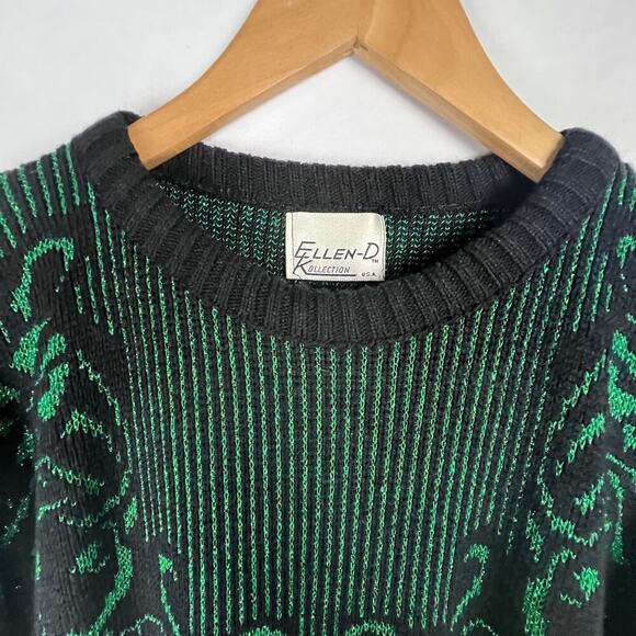 Vintage 80s Ellen-D Black Green Metallic Mock Turtleneck Jumper Sweater - Picture 6 of 7